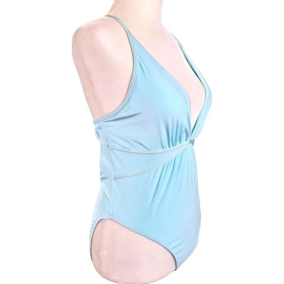 NWOT Bcbgmaxazria Plunging V-Neckline Shirr One Piece Swimsuit Aqua Blue Size 8 - Picture 5 of 17